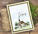 Handmade card featuring the charming country churches and chapels, framed with a heart accent, stamped with 'Love the Angry Jesus'.
