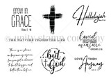 Red rubber stamp sheet: a small cross with eight faith sentiments including 'but God', 'grown in grace', 'loved beyond measure', 'Hallelujah' and 'Love them anyway'.