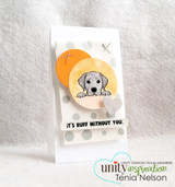 Card with an orange-dot pocket and a peeking golden puppy and "It's ruff without you"