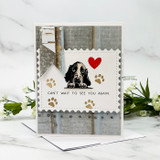 Card with a peeking puppy on woodgrain paper, "Can't wait to see you again," a red heart