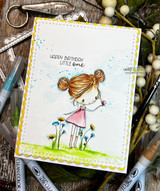 Garden girl on a soft blue card with 'Happy birthday little one.'