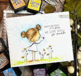 Garden girl on a wide horizontal card with 'Happy birthday little one — We love you so much.'