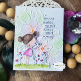 Garden girl colored on a whimsical fairy-garden panel with 'May you always find joy in the simple moments.'