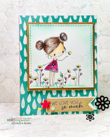 Garden girl on a teal-and-white patterned card with 'We love you so much.'
