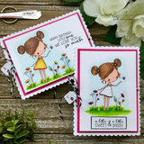 Two cards of the garden girl in pink and yellow dresses with garden sentiments.