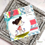 Garden girl in a circle over plaid and stripe papers with 'Always find joy in the simple moments.'
