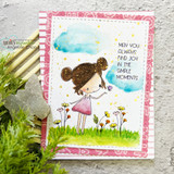 Garden girl in a pink dress on a pink-framed card with 'May you always find joy in the simple moments.'