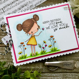 Garden girl in a yellow dress on a bright card with 'Happy birthday little one — We love you so much.'