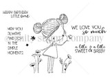 Line-art red rubber stamp of a little girl with a topknot in a flower garden, with 'Happy birthday little one,' 'We love you so much,' 'a little sweet & a little sassy' and 'May you always find joy in the simple moments.'