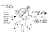 Red rubber stamp sheet with a whimsical girl in a topknot and short dress reaching toward tall wildflowers, surrounded by sentiments reading 'Happy birthday little one', 'We love you so much' and 'a little sweet & a little sassy'.