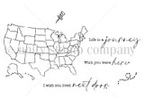 Red rubber stamp sheet with an outline map of the United States including Alaska and Hawaii, a small push pin and a dotted swirl, paired with script sentiments reading 'Life is a journey', 'Wish you were here' and 'I wish you lived next door'.