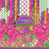 Bougainvillea Trellis 6x6 paper pack, hot pink bougainvillea blooms climbing green lattice with purple and green stripe and trellis coordinates.