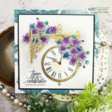 Purple and teal flowers on a gold clock bracket over a teal watercolor card, stamped 'time to celebrate congratulations'.