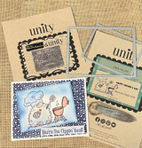 Flat lay of kraft cards, frames and a small stamped scene, with the tile pattern used in soft blue on one panel.