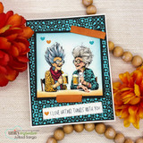 Teal tile pattern card with two hand colored older women toasting with beer glasses and a strip reading I love hating things with you.