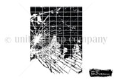 The Shatter background stamp: a full panel of smashed glass texture, all radiating cracks and shards, sized to cover an A2 card front.