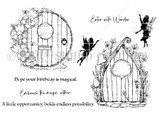 Red rubber stamp sheet with two whimsical fairy doors, one round and wreathed in flowers, one arched with a curling top, plus silhouetted fairies and sentiments reading 'Enter with wonder' and 'Embrace the magic within'.