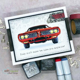 Card with a red muscle car with glowing headlights and 'They don't make 'em like you anymore.'
