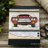 Card with a red car and 'HAPPY BIRTHDAY, Old is the new cool' on a navy and lace panel.