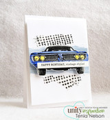 Clean card with a blue muscle car and 'Happy Birthday, vintage style' over a dotted heart.