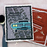 Card with a teal muscle car on a gray grunge frame and 'Happy Father's Day' with key die-cuts.