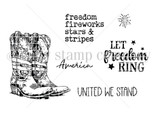 Red rubber stamp sheet: flag-painted cowboy boots with 'Let freedom ring,' 'United we stand,' 'America' and 'freedom, fireworks, stars & stripes.'