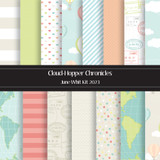 Cloud Hopper Chronicles 6x6 paper pack, clouds, hot air balloons, world maps, postmarks and gingham in sky blue, coral, mint and cream.