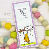 Tall slimline card with Pooh on his branch swing over a blue sky, 'Don't underestimate the value of doing nothing.'