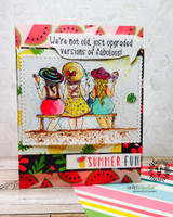 Watermelon-print card of the three sunhat friends with a Summer Fun banner and the upgraded-fabulous sentiment.