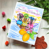 Beachy watercolor card of the trio by the waves with lemons and the golden girl greeting.