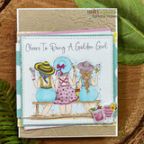 Teal patterned card of the colored trio in swimsuits and hats with the golden girl sentiment on top.