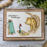 Vintage card with Winnie the Pooh at the honey tree and 'Just checking in...thinking of you.'