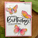 Card with sunset-toned butterflies and a bold 'Happy Birthday! To you & many more.'