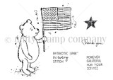 Red rubber stamp of Winnie the Pooh holding an American flag on a pole, with a sketched star nearby, beside sentiments reading 'Patriotic spirit in every stitch' and 'Forever grateful for your service'.
