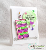 Clean white card with a green circle: the cake slice in pink and green washes with a candle, beside “COLOR-FULL BIRTHDAY WISHES.”
