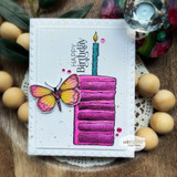 Soft blue card with a stitched frame: the cake slice colored magenta with a watercolor butterfly and “HAPPY BIRTHDAY.”