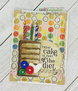 Kraft dot card with buttons and twine: the cake slice colored in soft neutrals beside “TODAY cake is part of the diet.”