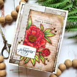 Rustic card of a red peony over the ledger background, 'sending prayers.'