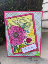 Card of a pink peony over the ledger background on plaid papers, 'thank you.'