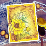 Card of the peony ledger background colored yellow on a distressed frame, 'life is all perspective.'