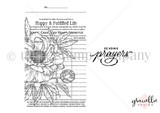 Line-art background stamp of soft peonies layered over vintage ledger script with a 'sending prayers' sentiment.