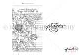 Red rubber stamp sheet pairing a full peony bloom layered over a vintage ledger card with ruled lines and a RETURNED box, alongside a flowing script sentiment reading 'sending prayers'.