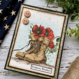 Rustic framed card of the poppy-filled boots against a starry flag background, 'Eternal Respect.'
