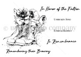Red rubber stamp sheet with a pair of laced military boots overflowing with poppies and blossoms, beside memorial sentiments reading 'In Honor of the Fallen', 'In Remembrance' and 'eternal respect'.