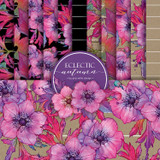 Eclectic Autumn paper pack cover: rolled 6x6 sheets of magenta and purple anemone florals over kraft, behind a round eclectic autumn label.