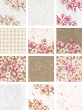 Magnolia Branch paper pack designs shown as a grid — soft pink magnolia blossoms, tan gingham, speckled and marbled textures in a blush and cream palette.