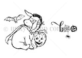Red rubber stamp of Eeyore in a bat-wing costume leaning on a grinning jack o' lantern, with a spider on a web thread and a small 'boo' sentiment.
