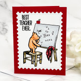 Bear at his math board on a bold red card with a red apple, captioned "Best teacher ever."