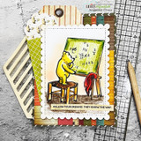 Bear at a green chalkboard on a layered tag card, with "Follow your dreams. They know the way."