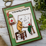 Bear at his easel on a forest-green frame, with the sentiment "Let the learning journey begin!"